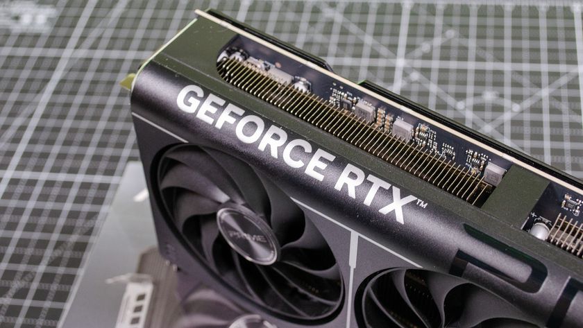 A closeup of the Nvidia GeForce RTX branding on the 5070 Ti