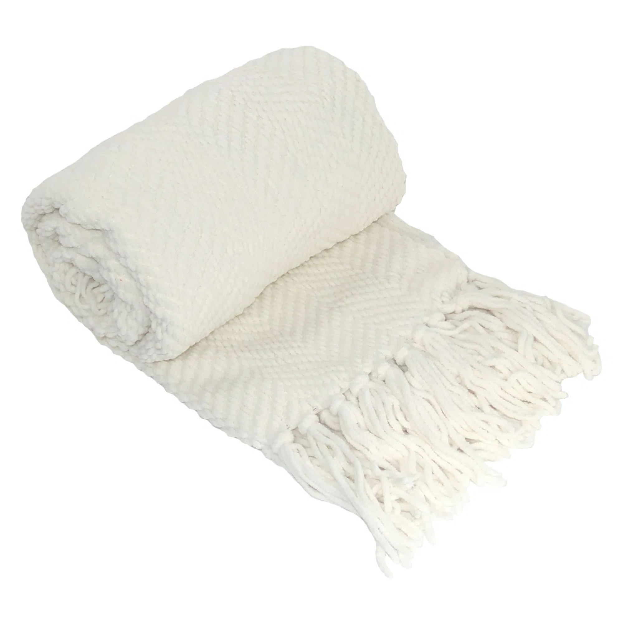 a white blanket rolled up with fringe on one end