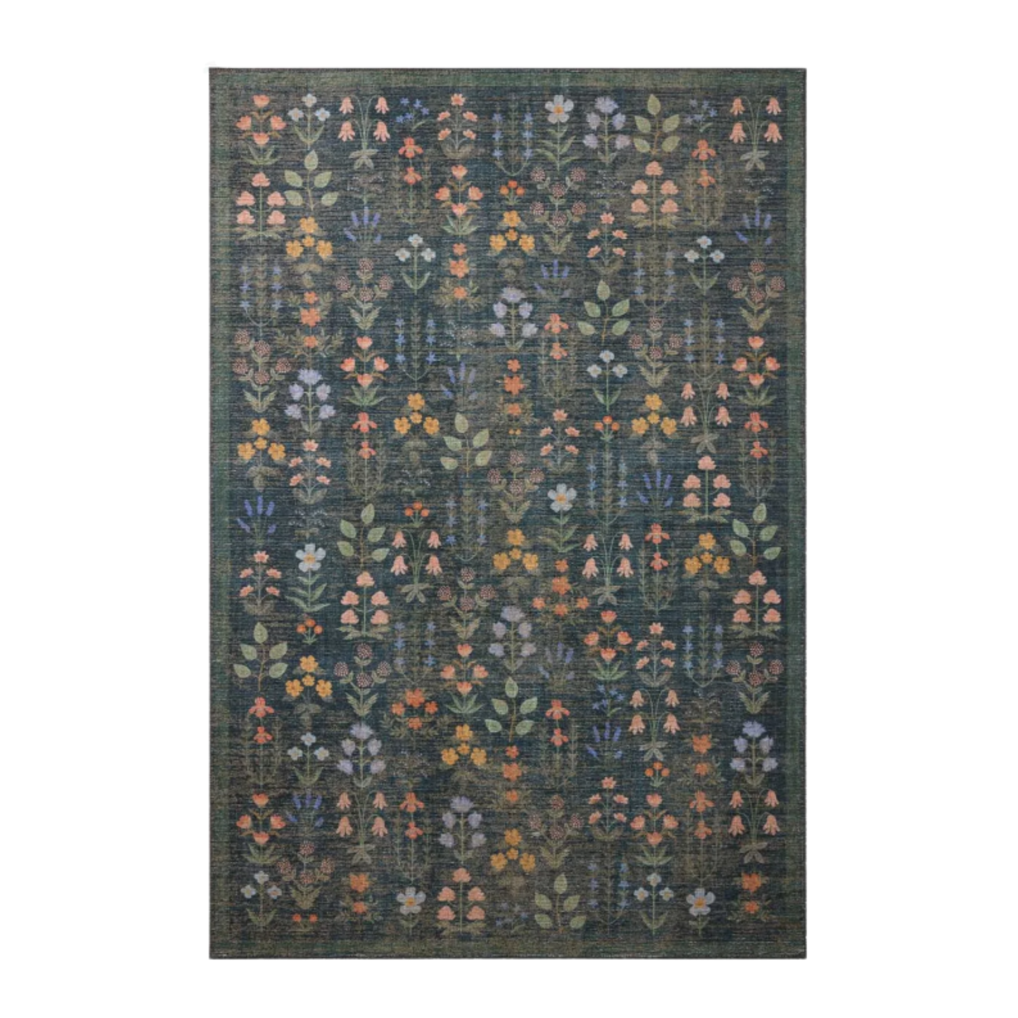 a blue rug with varying floral motifs