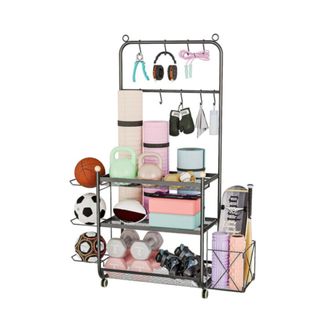 A tall home gym storage rack with colorful gym equipment
