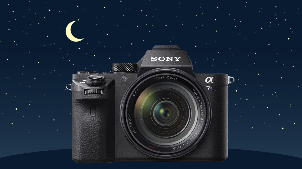 Sony A7S in front of moon and stars