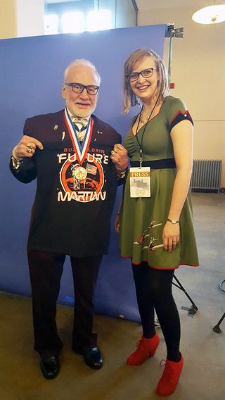 Buzz Aldrin shows off his "Future Martian" t-shirt next to Space.com's Hanneke Weitering at the Ellis Island Medals of Honor ceremony on May 13, 2017.