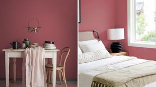 collage of two room images showing Terra Rose colored walls, a key interior paint color trends 2023