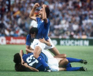 Antonio Cabrini celebrates with his team-mates after Italy's World Cup win in 1982.