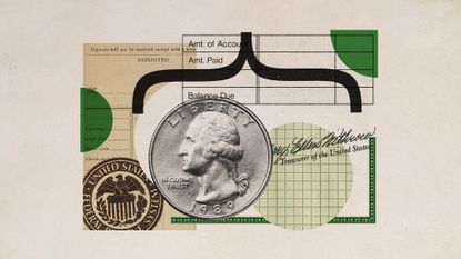 Photo collage of a coin, and vintage bank slips