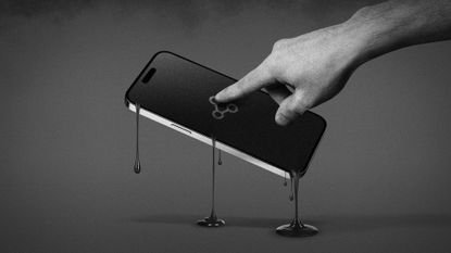 Illustration of a hand sharing info from a smartphone dripping with toxic liquid