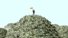 A man plants an orange flag on top of a huge pile of cash.