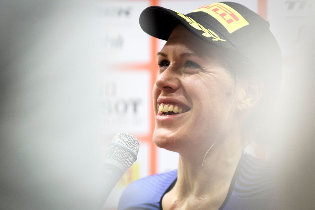 Dutch rider Ellen Van Dijk gives an interview after breaking the Hour Record in the Velodrome Suisse an indoor velodrome in Grenchen northern Switzerland on May 23 2022 Van Dijk broke the record with a new distance of 49254 km Photo by GABRIEL MONNET AFP Photo by GABRIEL MONNETAFP via Getty Images