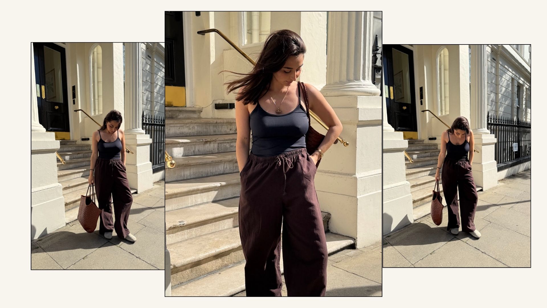 woman wearing blank tank top and brown trousers