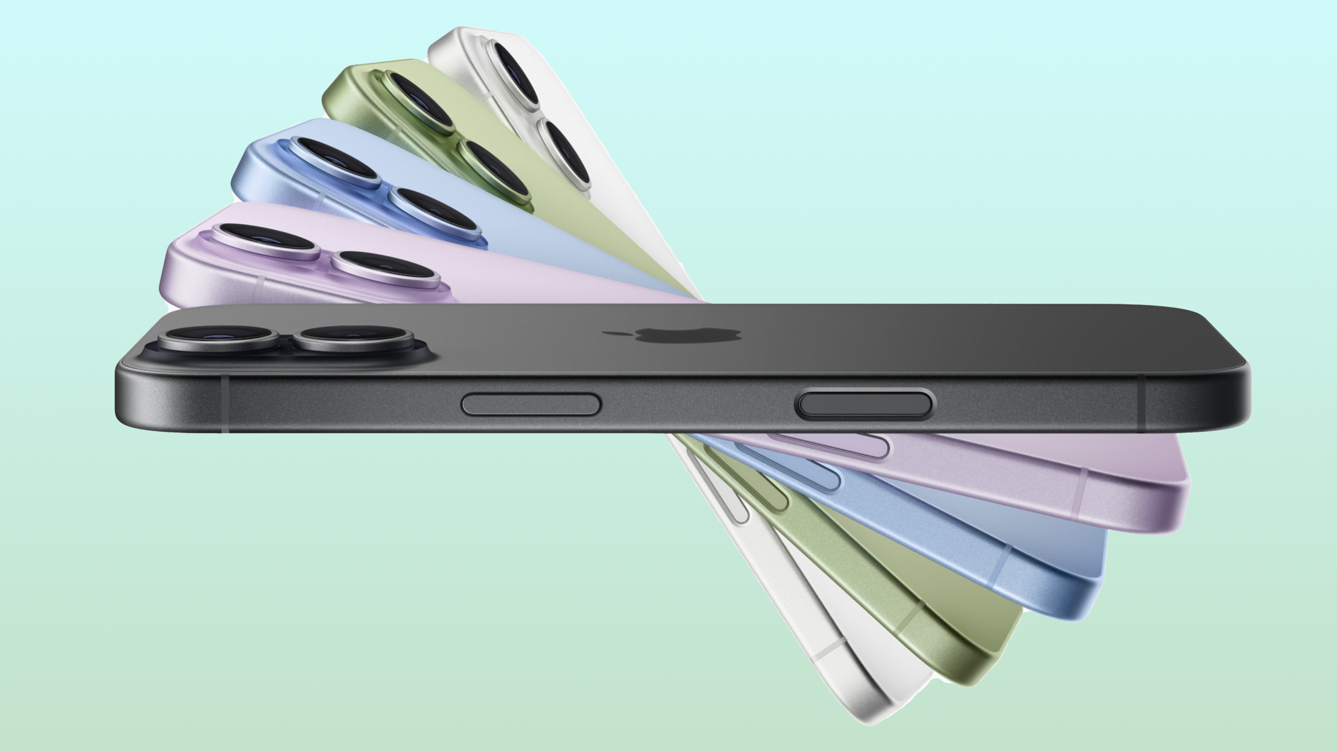 The entire iPhone 17 lineup against a green background.