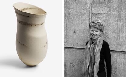 Side by side images - Left: A slim pale ceramic vase with speckled trackers on its exterior and interior. Right: Jennifer Lee (black and white photo) wearing a black top with a large scarf. 