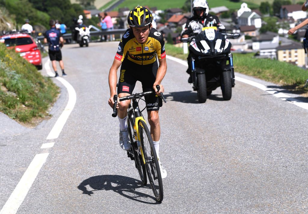 LEUKERBAD SWITZERLAND JUNE 10 Antwan Tolhoek of Netherlands and Team Jumbo Visma attacks during the 84th Tour de Suisse 2021 Stage 5 a 1752km stage from Gstaad to Leukerbad 1385m UCIworldtour tds tourdesuisse on June 10 2021 in Leukerbad Switzerland Photo by Tim de WaeleGetty Images