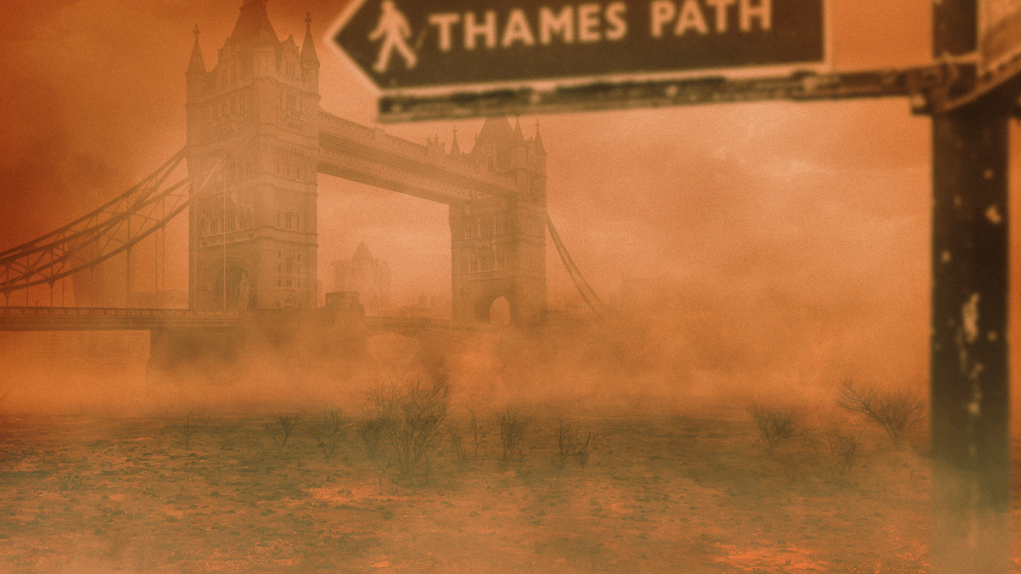 Photo collage illustration of the Tower Bridge standing over a dried up Thames River and wrapped in dust clouds