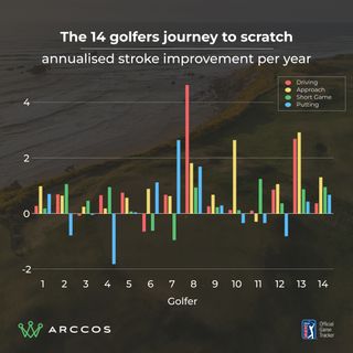 Graph showing the annualised improvement for the sample of 14 golfers broken down by major statistical categories