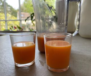 Two glasses of carrot juice made in the Nama C2 Blender and Juicer