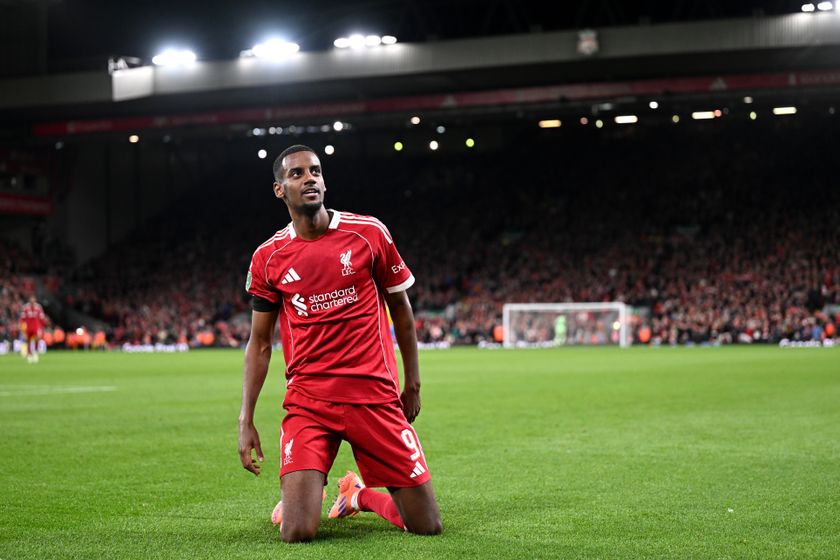 LIVERPOOL, ENGLAND - SEPTEMBER 23: (THE SUN OUT, THE SUN ON SUNDAY OUT) Alexander Isak of Liverpool celebrates scoring his team&amp;apos;s first goal during the Carabao Cup Third Round match between Liverpool and Southampton at Anfield on September 23, 2025 in Liverpool, England. (Photo by Liverpool FC/Liverpool FC via Getty Images)