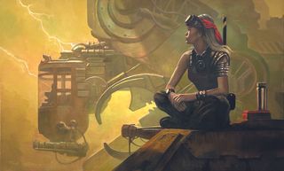 Oil paintings of a fantasy sci-fi scene by Fred Gambino