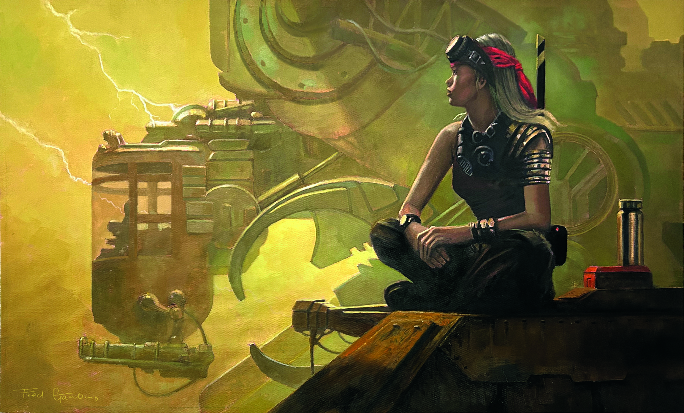 Oil paintings of a fantasy sci-fi scene by Fred Gambino