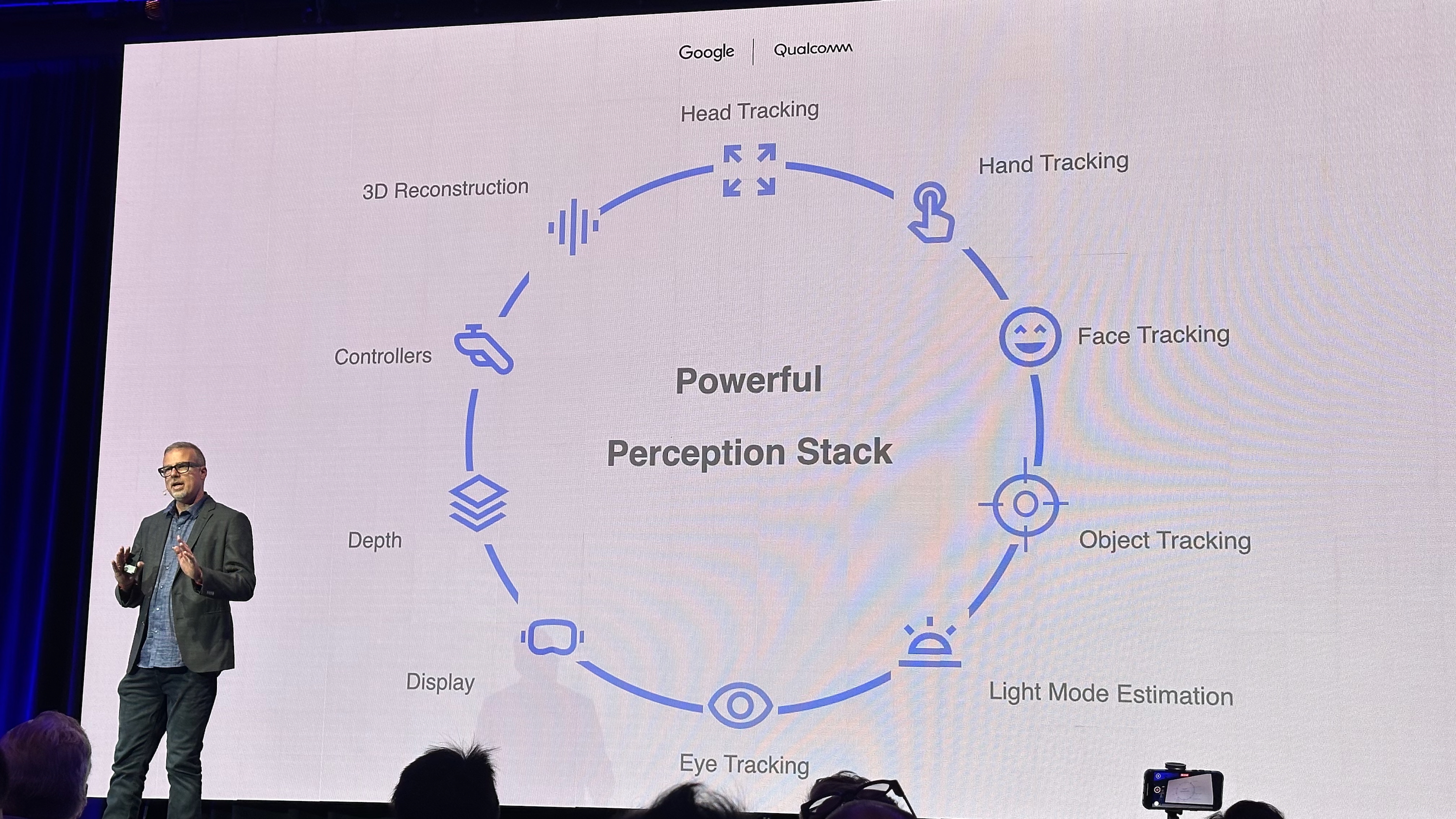 Google's Hugo Swart on stage at AWE 2025 discussing Android XR's "Powerful Perception Stack." The slide behind him shows a circle with specific features: Hand tracking, face tracking, object tracking, light mode estimation, eye tracking, display, depth, controllers, 3D reconstruction, and head tracking.