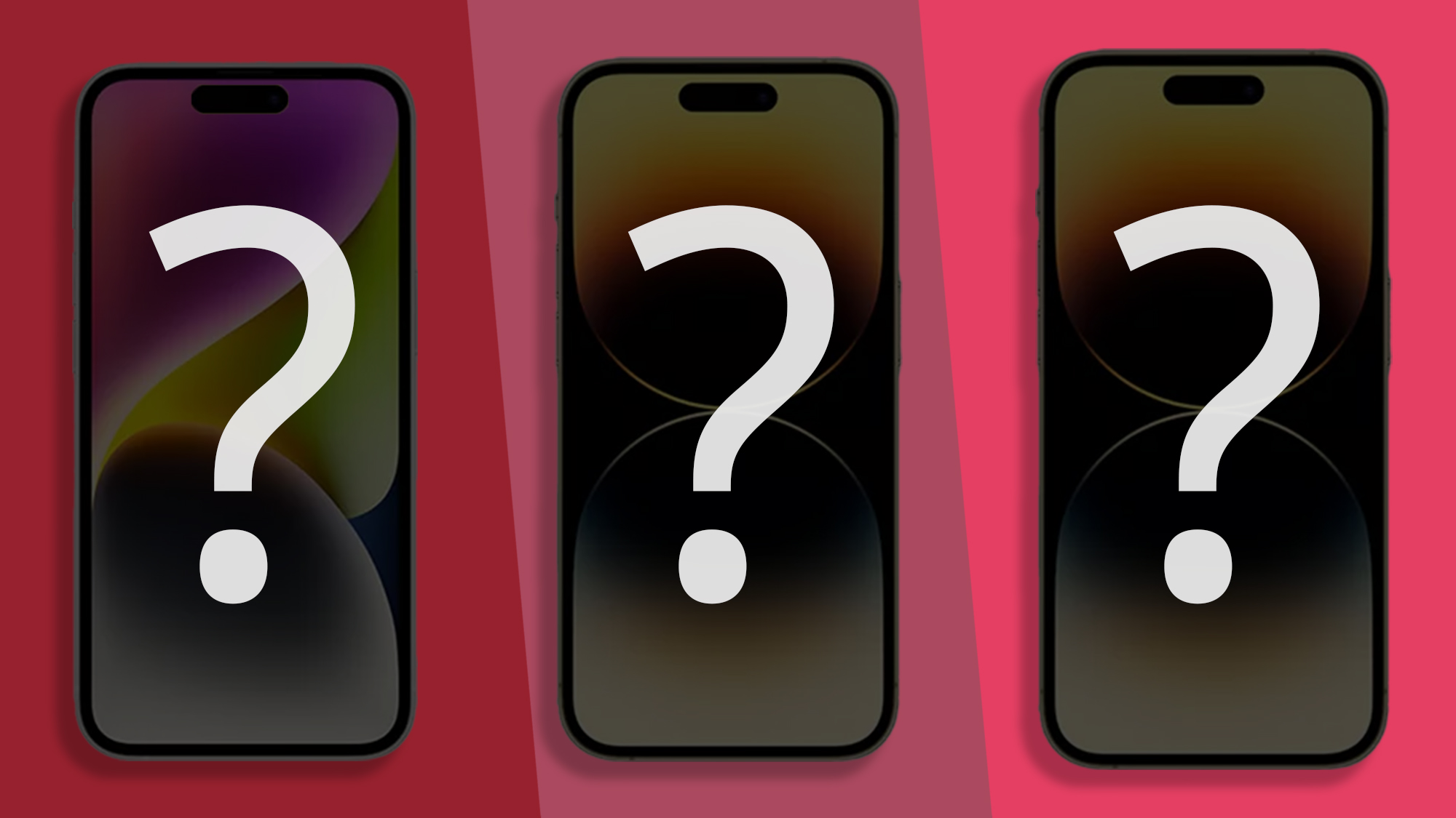 A suggestion iPhone 15, iPhone 15 Pro and iPhone 15 Pro Max in darkness with a question mark across each one