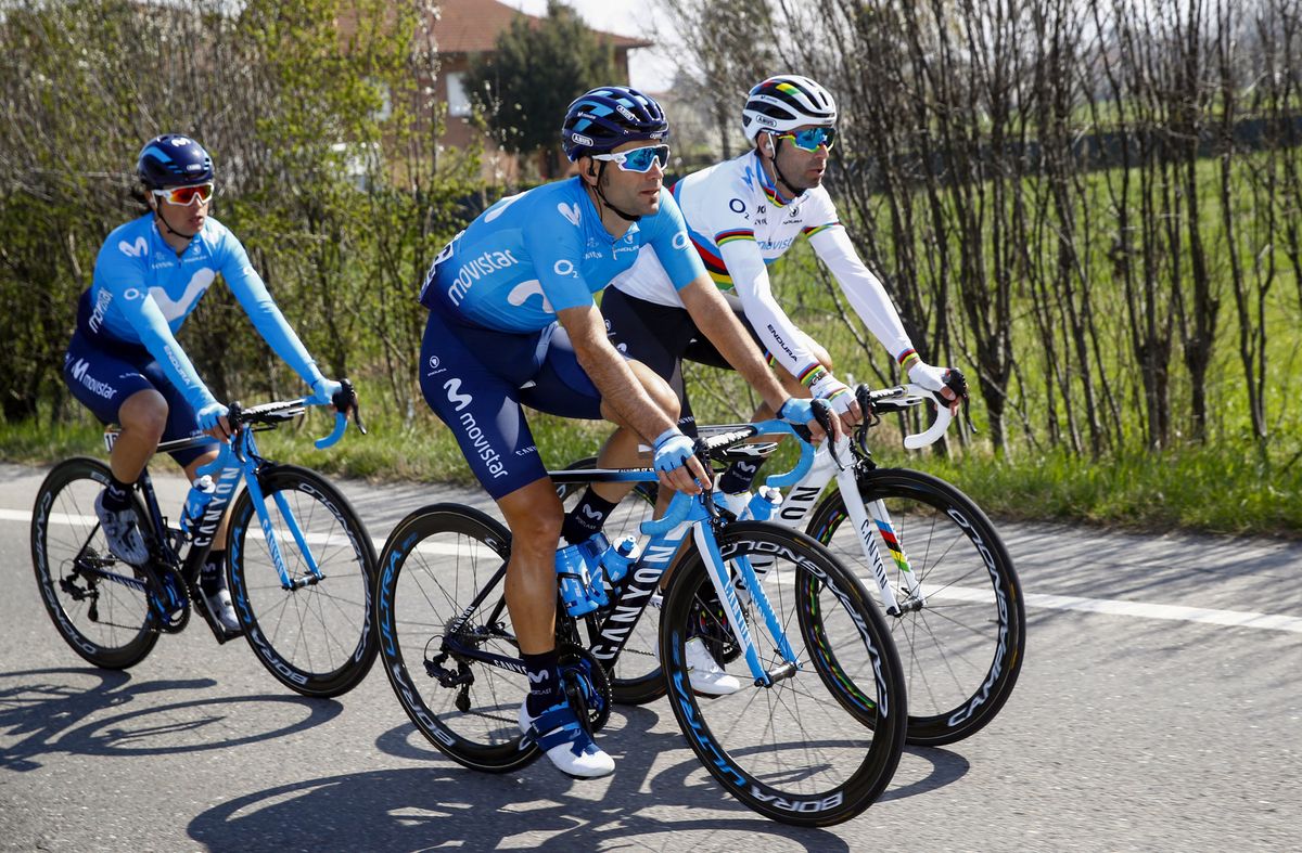 World champion Alejandro Valverde accompanied by his Movistar teammates.