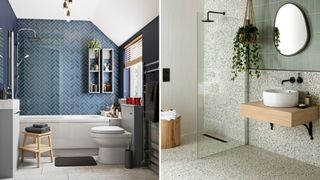 Compilation image of a blue bathroom next to a neutral bathroom both with seamless shower screens to show one of the biggest bathroom trends 2023