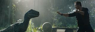 Chris Pratt's Owen Grady approaching Blue the Raptor in Jurassic World: Fallen Kingdom