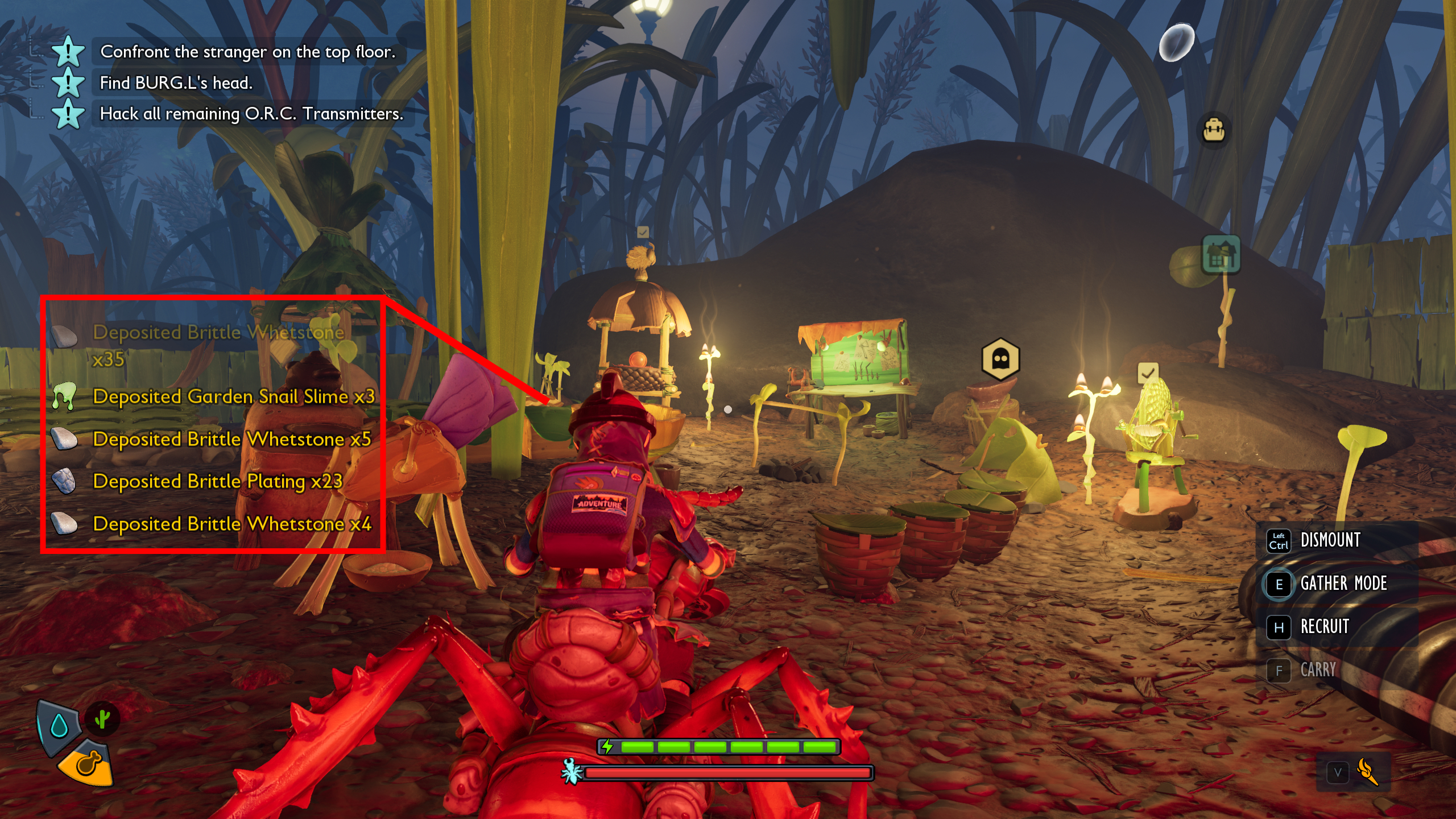 Grounded 2 tips: A character riding an ant inside their base, with a red box highlighting a list of hot-dropped items to nearby chests on the left side of the screen.