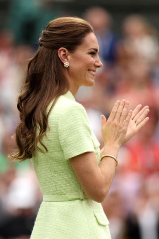 Catherine, Princess of Wales applauds Marketa Vondrousova of Czech Republic following her victory in the Women's Singles Final against Ons Jabeur of Tunisia on day thirteen of The Championships Wimbledon 2023 at All England Lawn Tennis and Croquet Club on July 15, 2023 in London, England.