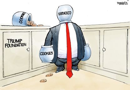Political cartoon U.S. Trump Foundation cookie jar lawsuit charity money personal use