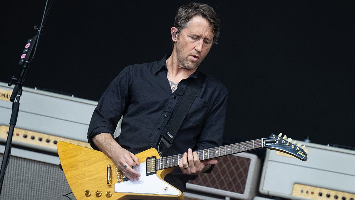 Chris Shiflett from the Foo Fighters performs on The Pyramid Stage at Day 3 of Glastonbury Festival 2023 on June 23, 2023 in Glastonbury, England