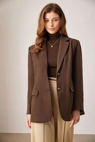 Grace Karin Women Winter Blazer Suit Notch Lapel Smart Jackets With Belt Office Wear Coatigans Brown 2xl