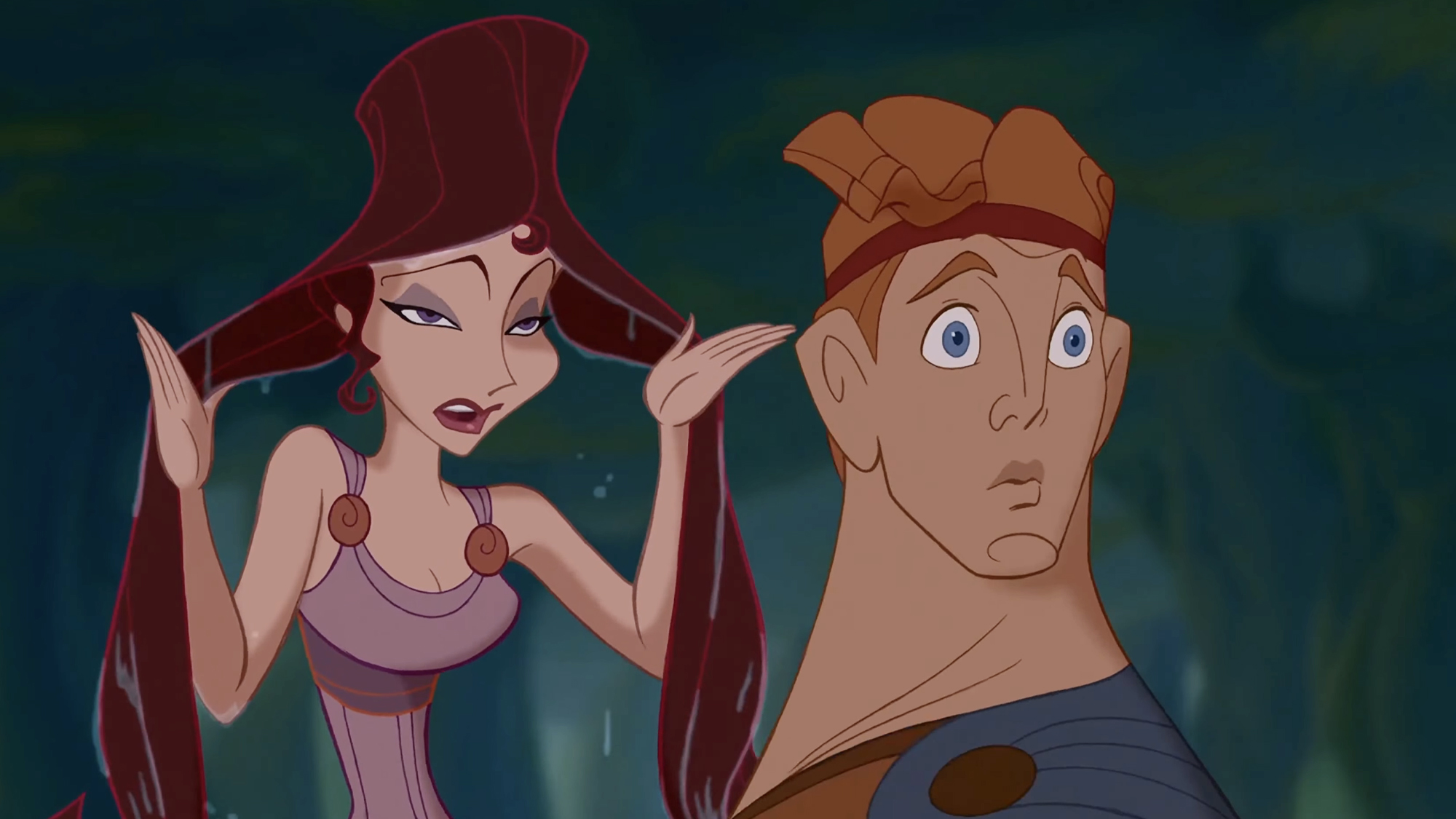 Megera, dripping with water, and Herc looking worried in Disney's animated classic Hercules (1997).