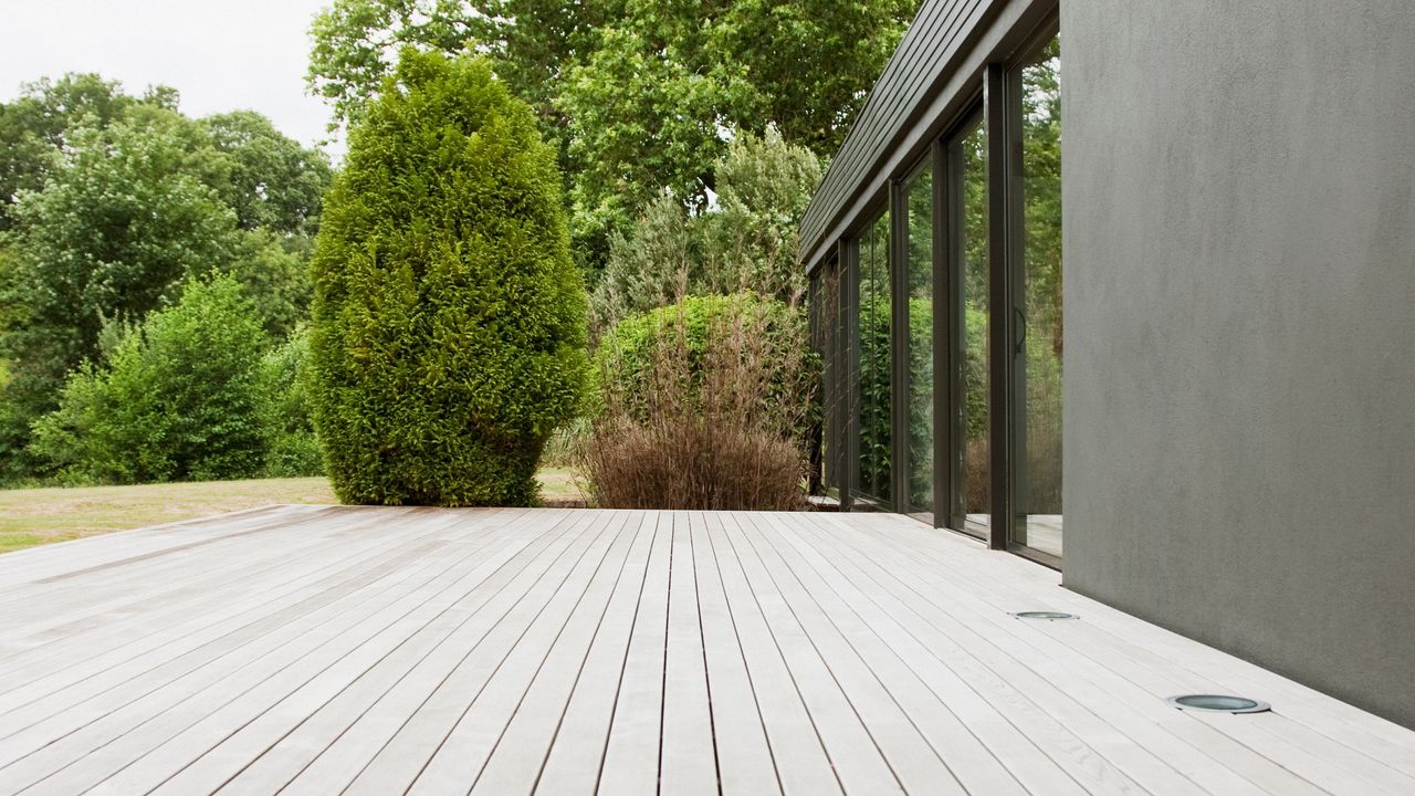 Long-slabbed patio with house to right and garden trees in background 