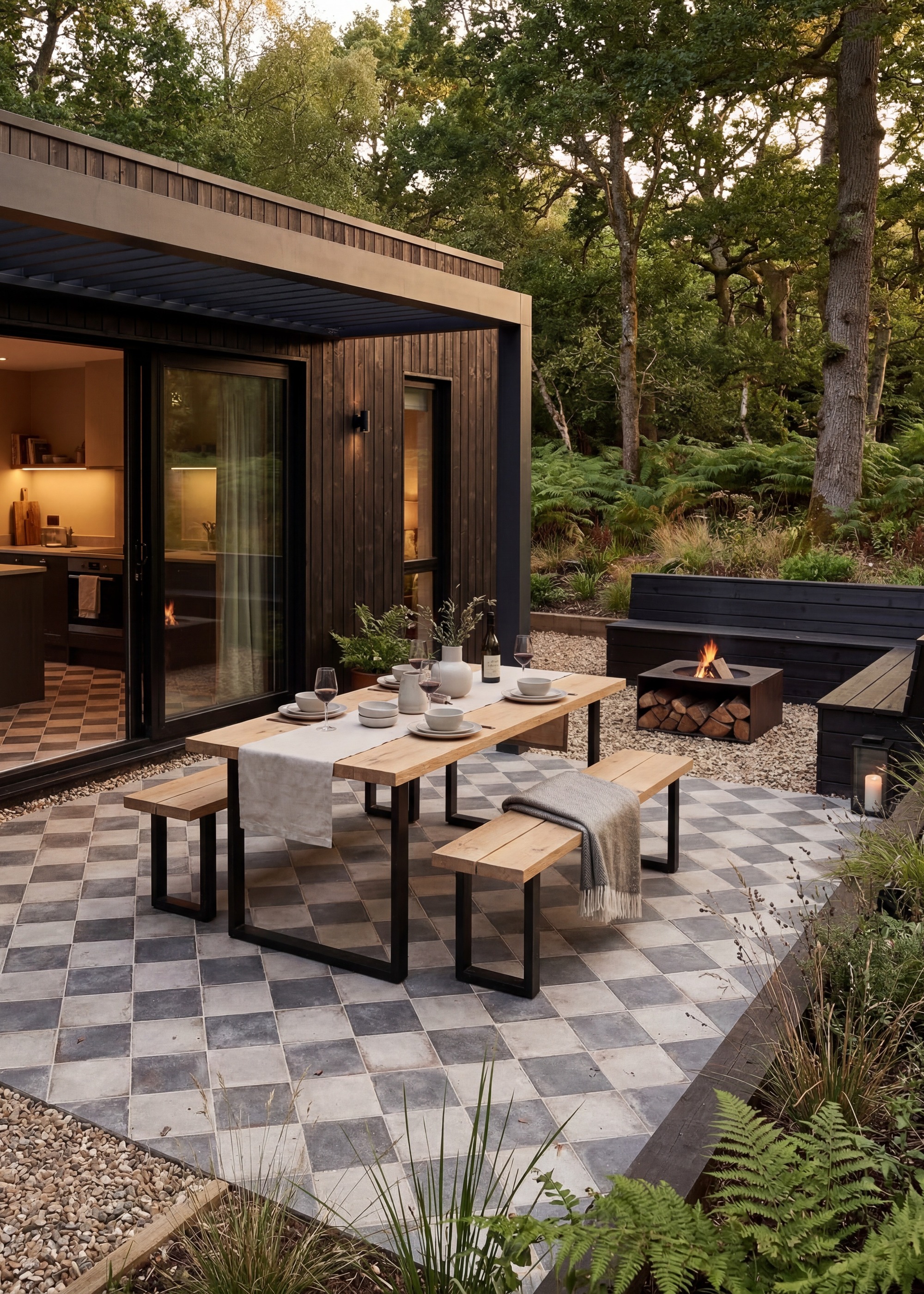 patio with grey and white checkerboard tiles with wooden dining table and benches on black frames in rustic setting