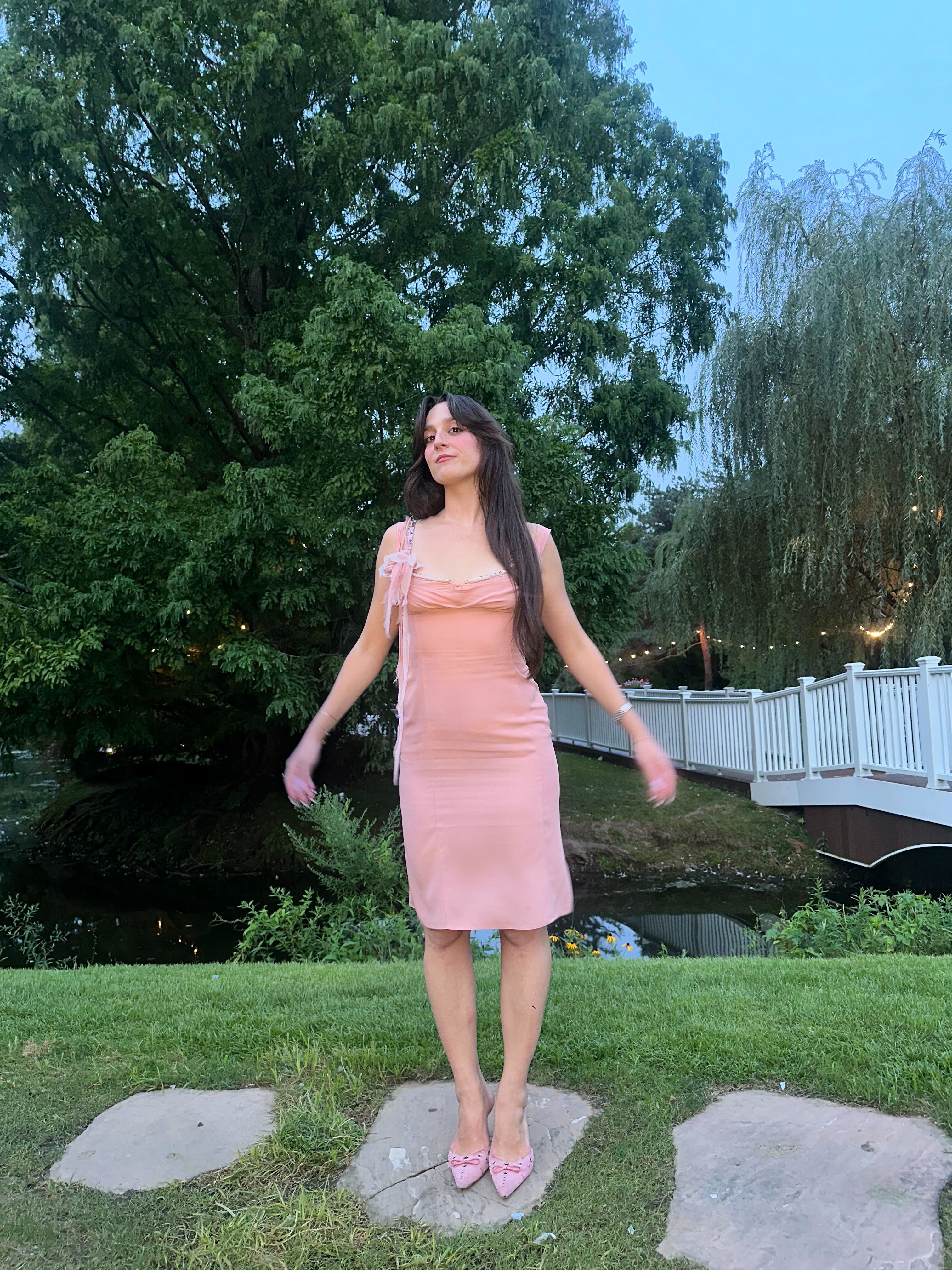 WWW editor wearing a wedding guest dress.
