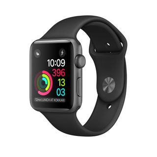 Space Gray Apple Watch with black Sport Band.