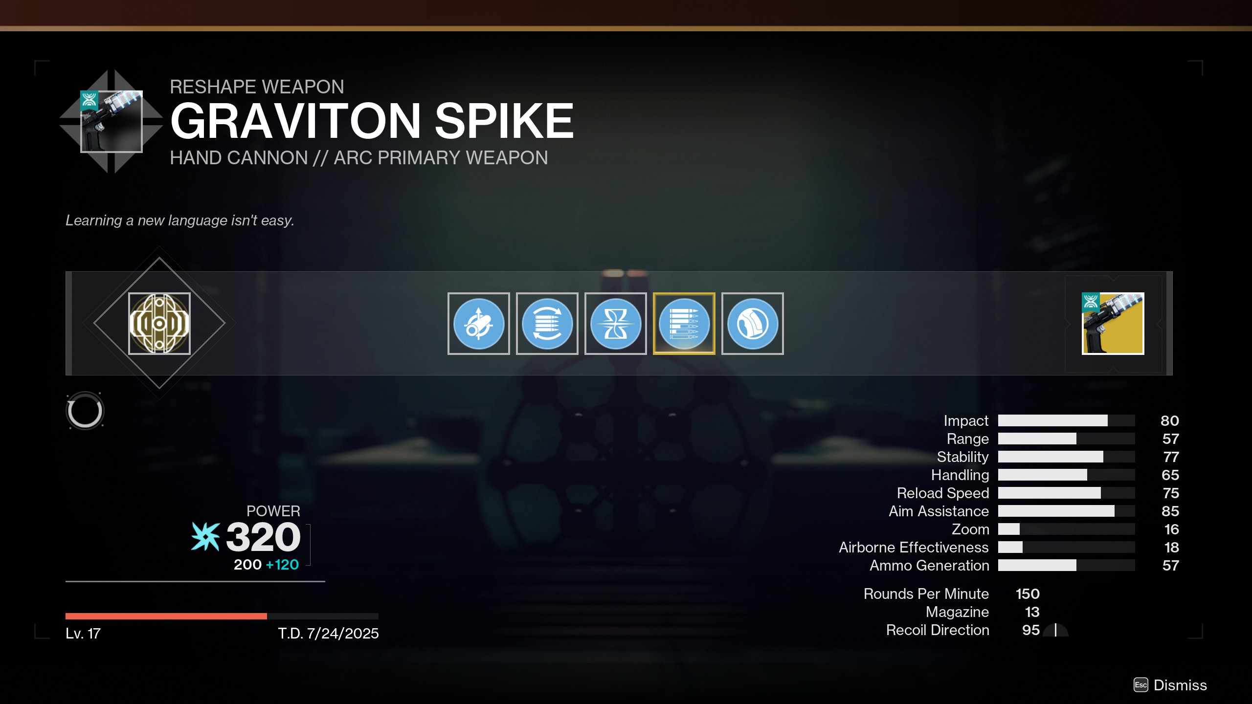 The weapon crafting screen for Graviton Spike.