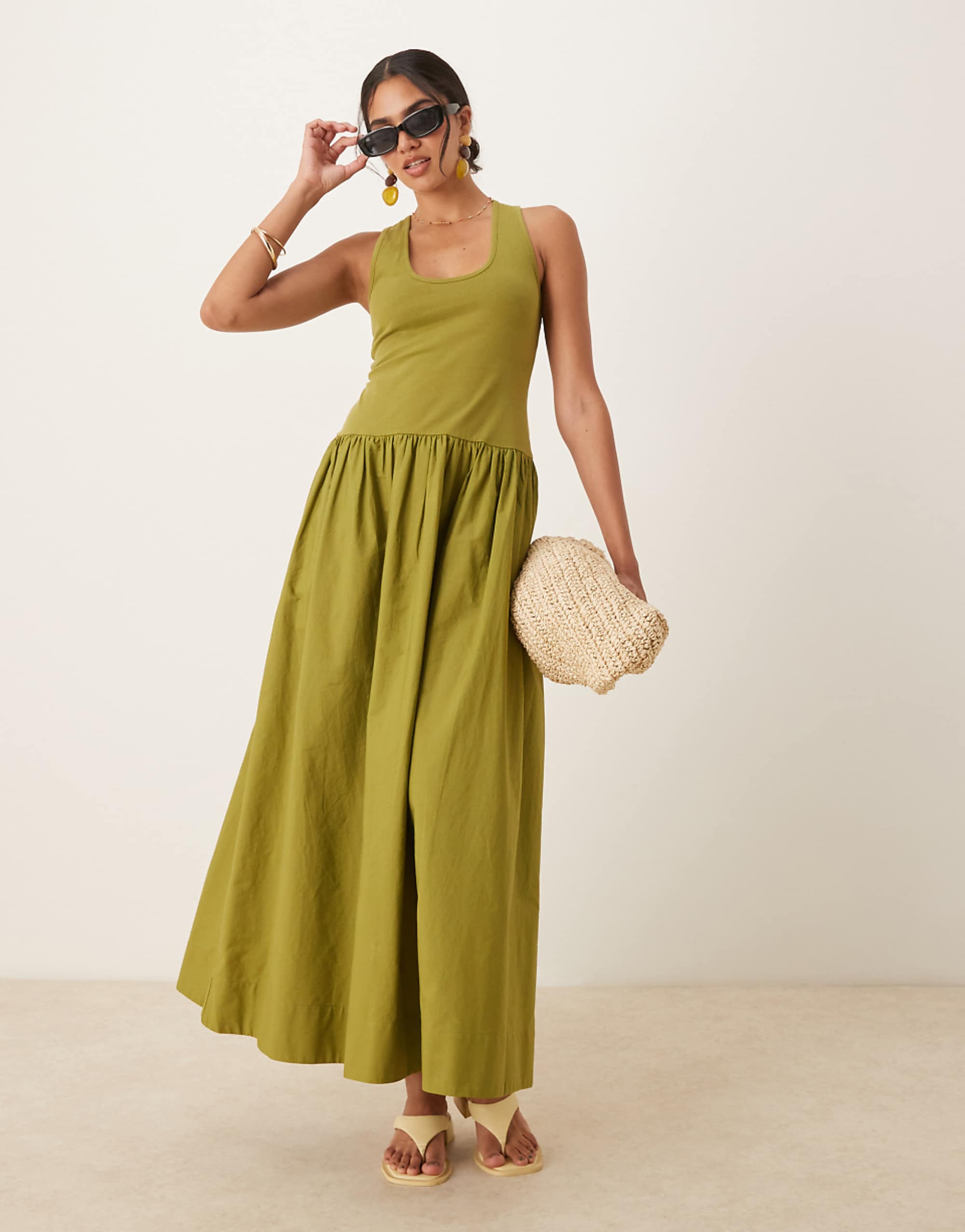 Asos Design Scoop Neck Hybrid Maxi Dress in Tonal Olive