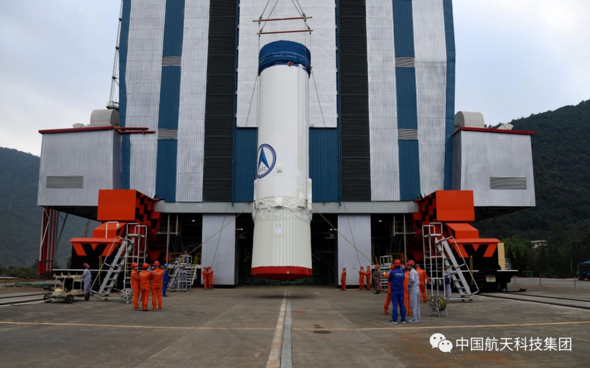 Stacking components of the Long March 3B rocket.