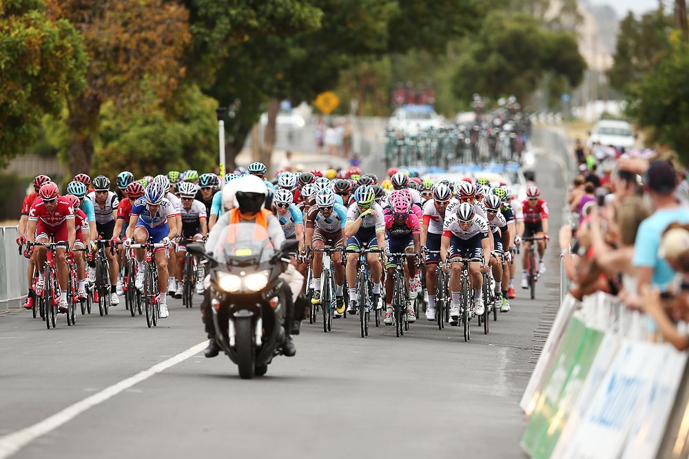 Riders make their way through the town of Lyndoch during stage 1 of the 2016 Tour Down Under