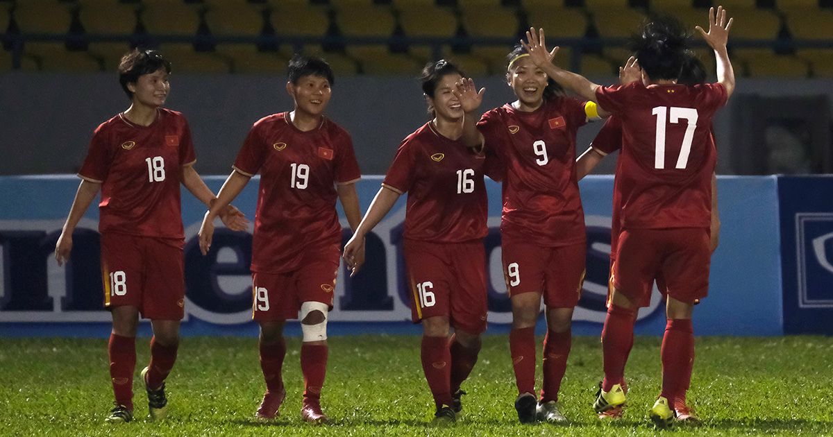 Vietnam Women&#039;s World Cup 2023 squad: Huynh Nhu (2nd R) of Vietnam celebrates her side&#039;s first goal with her team mates during the Women&#039;s Olympic Football Tournament Play-Off 2nd Leg between Vietnam and Australian Matildas at Cam Pha Stadium on March 11, 2020 in Cam Pha, Vietnam.