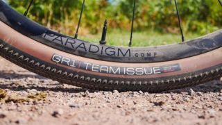 A gravel bike wheel and tire