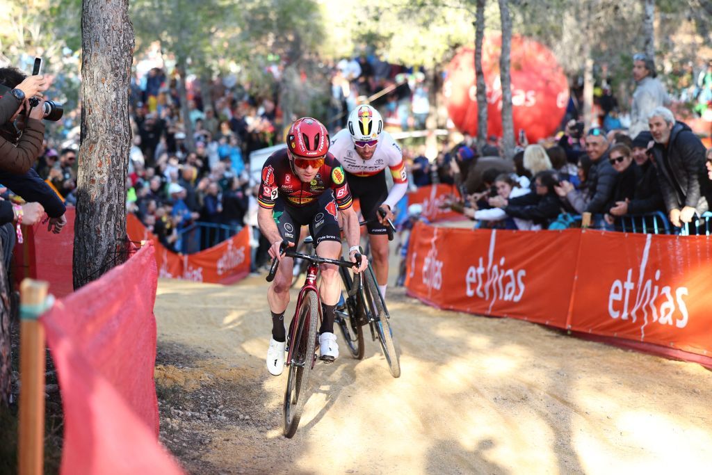 Belgian Eli Iserbyt pictured in action during the men's elite race at the cyclocross cycling event in Benidorm, Spain, Sunday 19 January 2025, stage 12/14 in the UCI World Cup competition.
BELGA PHOTO DAVID PINTENS (Photo by DAVID PINTENS / BELGA MAG / Belga via AFP)