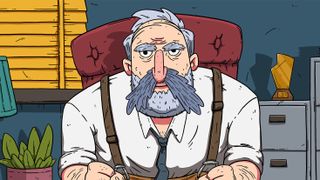 Debtors' CLub - a man with grey hair and beard with suspenders sits behind a desk in cartoon style