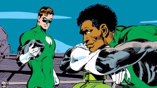 Classic DC Comics artwork of Hal Jordan and John Stewart conversing