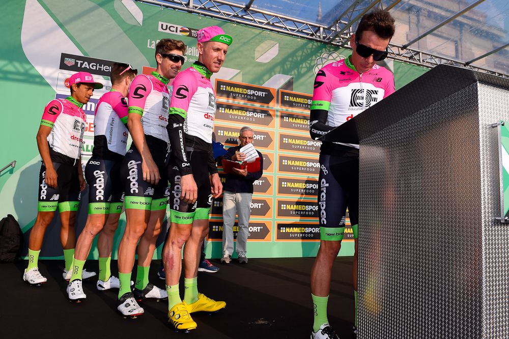 EF Education First-Drapac riders line up to sign in for Il Lombardia