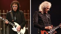 Left&ndash; Tony Iommi performing on stage during a live concert appearance with Heaven and Hell; Right&ndash;Brian May performs live on stage during a concert of Queen & Adam Lambert 