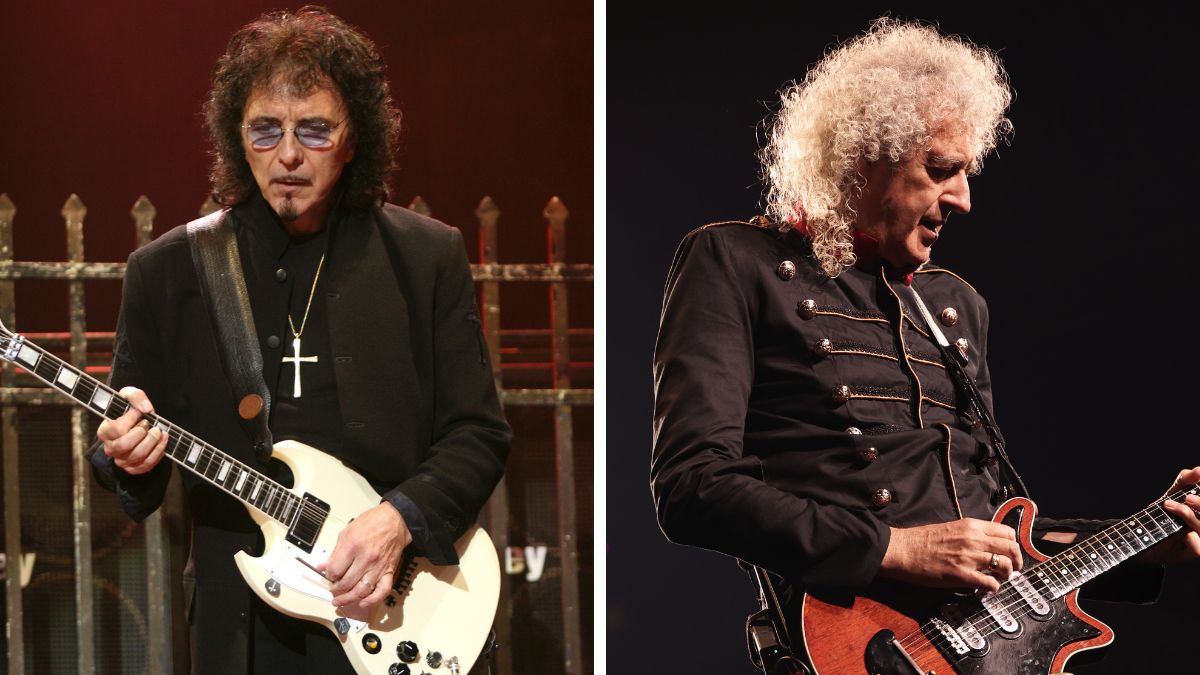 Left&ndash; Tony Iommi performing on stage during a live concert appearance with Heaven and Hell; Right&ndash;Brian May performs live on stage during a concert of Queen &amp; Adam Lambert 
