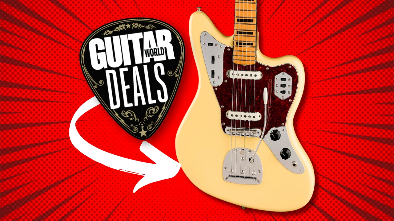 A Fender Vintera II Jaguar electric guitar on a red background